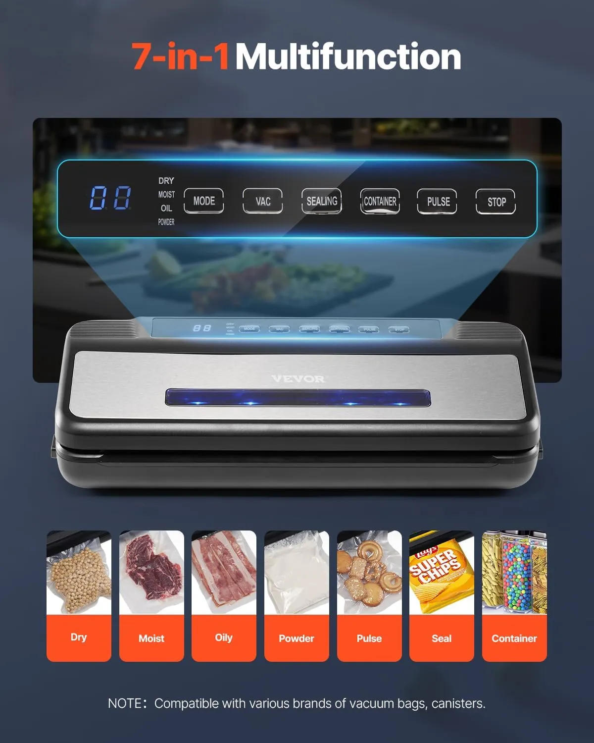 VEVOR Vacuum Sealer Machine, 80Kpa 120W Powerful Compact Food Sealer, 7-in-1 Multi-Functional Food Vacuum Sealer, Automatic Air Sealing System with Built-in Cutter with 10 Vacuum Bags & 1 Bag Roll