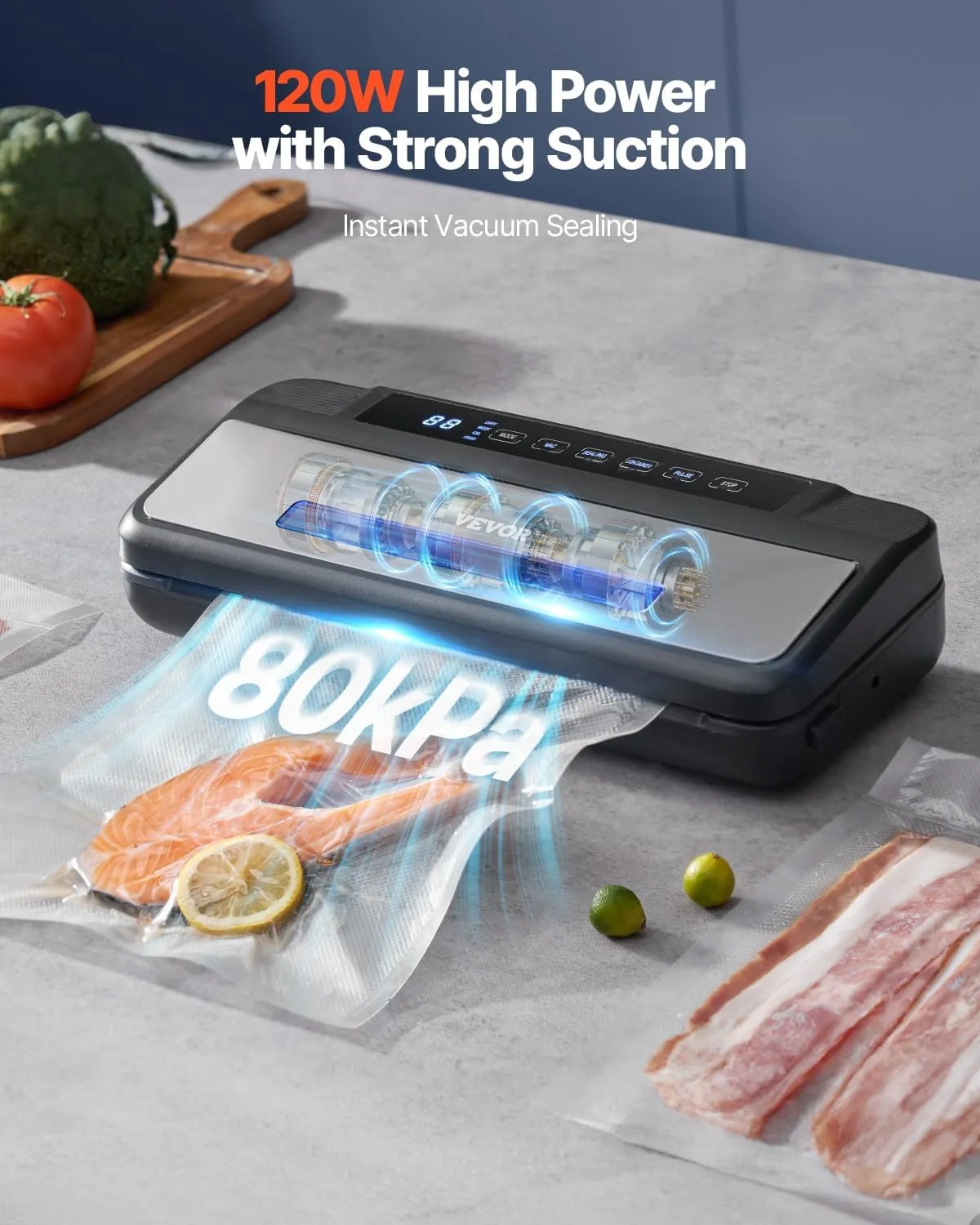 VEVOR Vacuum Sealer Machine, 80Kpa 120W Powerful Compact Food Sealer, 7-in-1 Multi-Functional Food Vacuum Sealer, Automatic Air Sealing System with Built-in Cutter with 10 Vacuum Bags & 1 Bag Roll