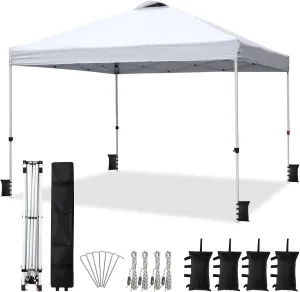 VINGLI 10'x10' Pop Up Canopy Tent with Sandbags & Rolling Bag, Portable Instant Party Tent Waterproof Outdoor Canopy for Outdoor Events, Party, Wedding (White)