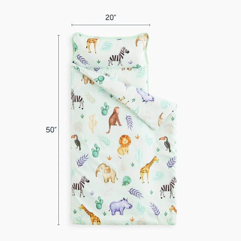 Wake In Cloud - Toddler Nap Mat with Pillow and Blanket, for Kids Boys Girls in Kindergarten Daycare Preschool Pre K, Roll Up Sleeping Bag, Animals Zoo Trees