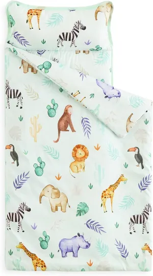 Wake In Cloud - Toddler Nap Mat with Pillow and Blanket, for Kids Boys Girls in Kindergarten Daycare Preschool Pre K, Roll Up Sleeping Bag, Animals Zoo Trees