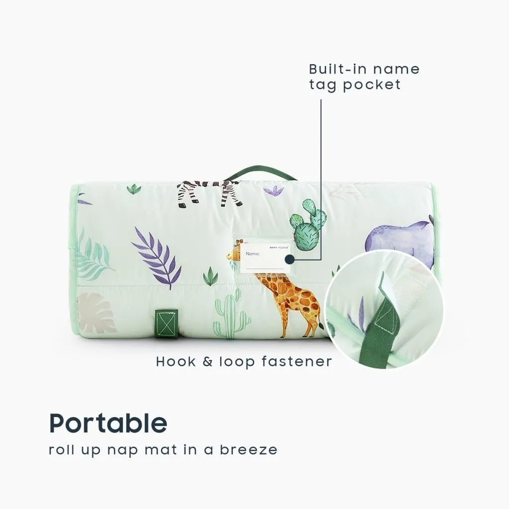 Wake In Cloud - Toddler Nap Mat with Pillow and Blanket, for Kids Boys Girls in Kindergarten Daycare Preschool Pre K, Roll Up Sleeping Bag, Animals Zoo Trees