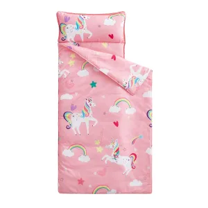 Wake In Cloud - Toddler Nap Mat with Pillow and Blanket, for Kids Girls in Kindergarten Daycare Preschool Pre K, Roll Up Sleeping Bag, Colorful Unicorn Star, Pink White, Extra Long