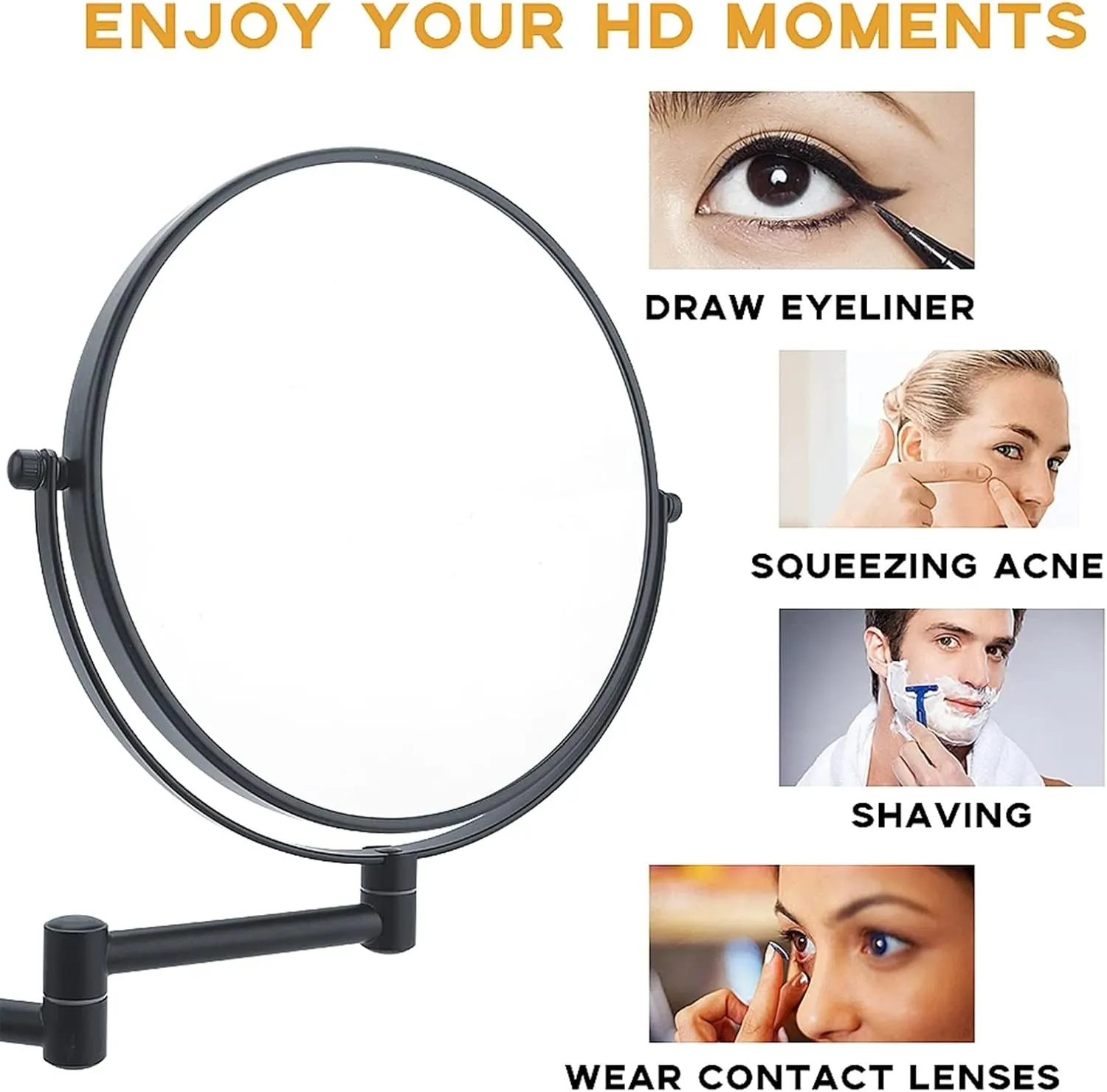 Wall Mount Lighted Makeup Mirror for Bathroom, Double Sided Vanity Magnifying with 10X Magnification, Rechargeable LED Folding Vanity Mirror witn 360° Swivel Extendable Arm for Shaving Makeup