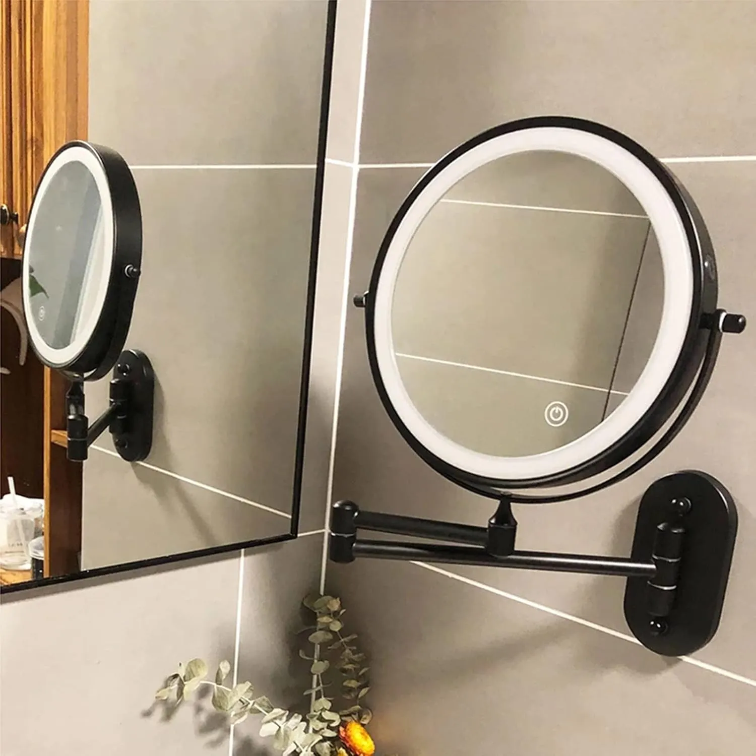 Wall Mount Lighted Makeup Mirror for Bathroom, Double Sided Vanity Magnifying with 10X Magnification, Rechargeable LED Folding Vanity Mirror witn 360° Swivel Extendable Arm for Shaving Makeup