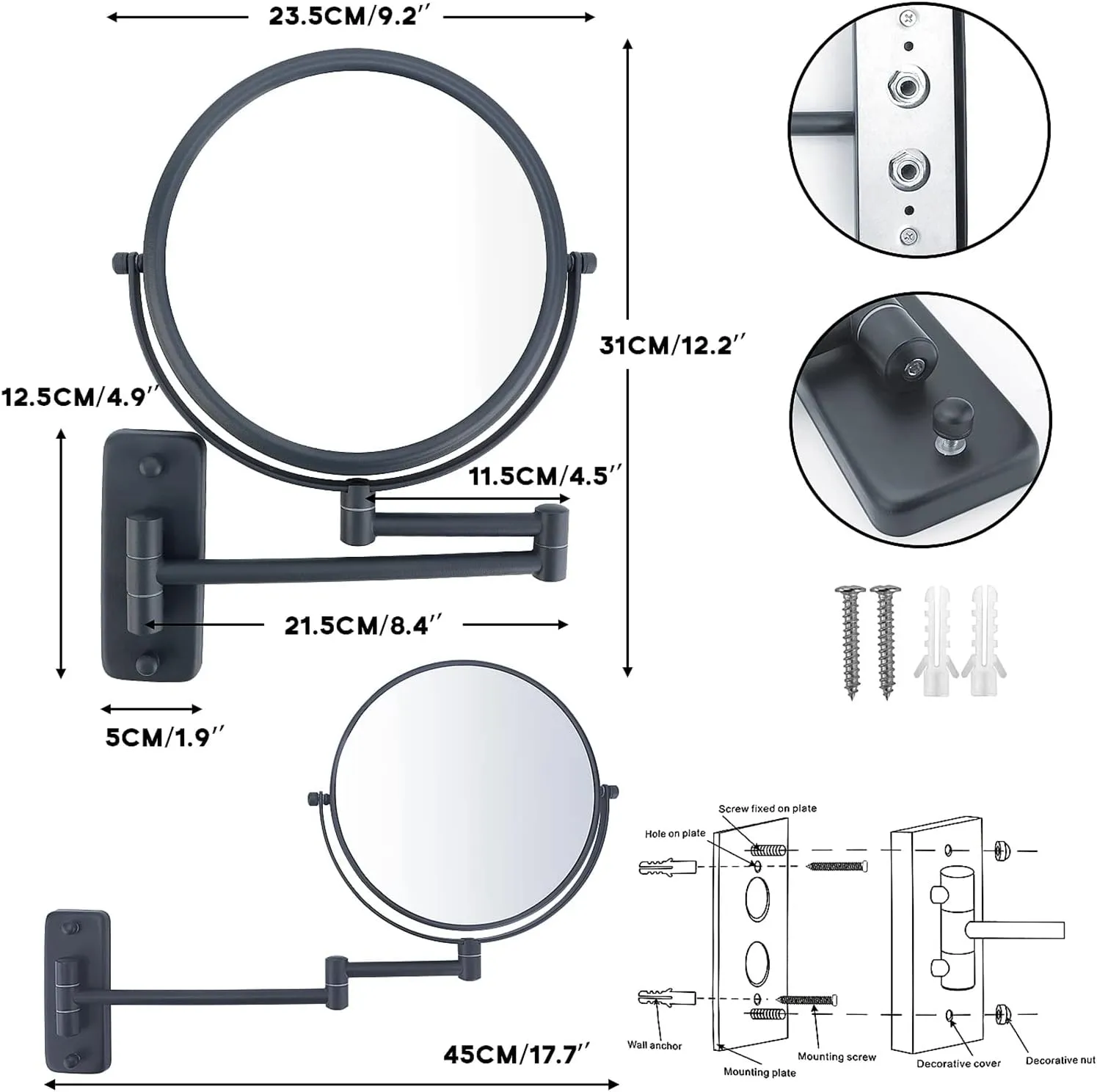 Wall Mount Lighted Makeup Mirror for Bathroom, Double Sided Vanity Magnifying with 10X Magnification, Rechargeable LED Folding Vanity Mirror witn 360° Swivel Extendable Arm for Shaving Makeup