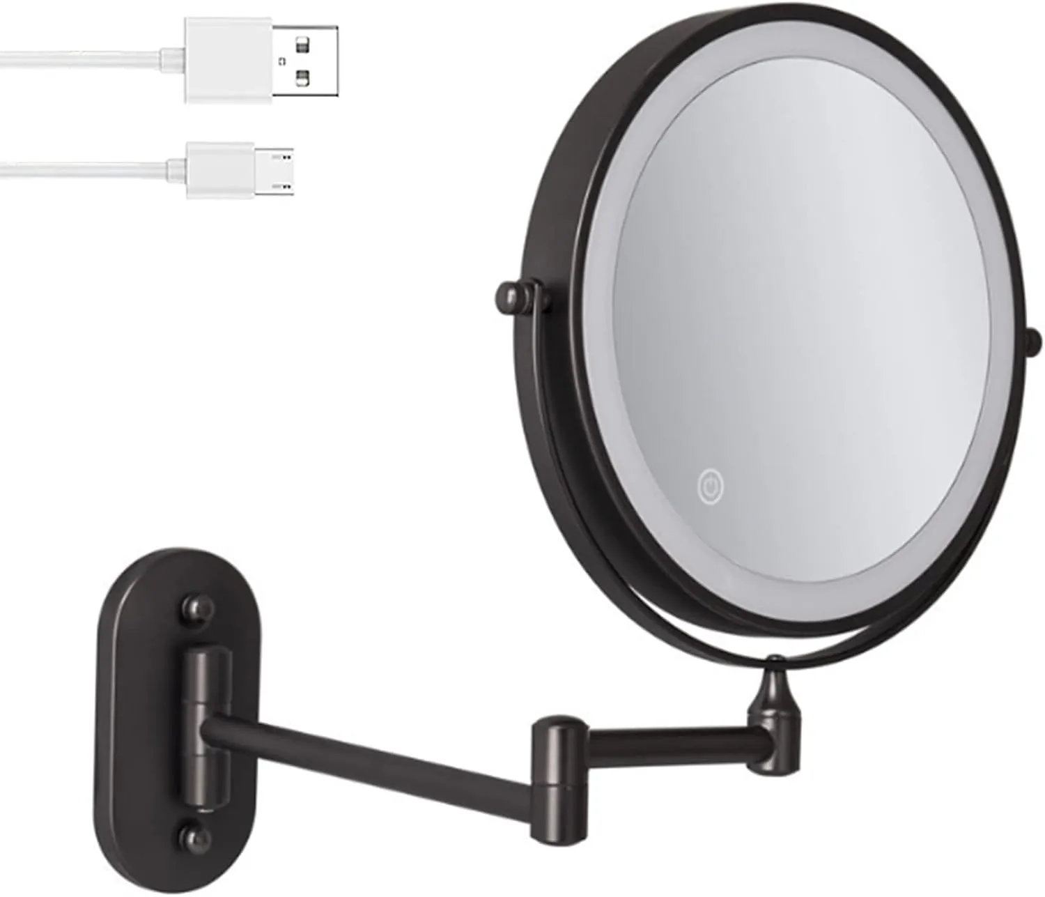 Wall Mount Lighted Makeup Mirror for Bathroom, Double Sided Vanity Magnifying with 10X Magnification, Rechargeable LED Folding Vanity Mirror witn 360° Swivel Extendable Arm for Shaving Makeup