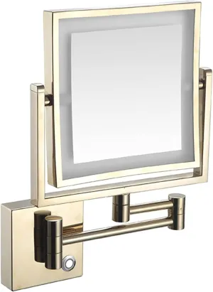 Wall Mounted Lighted Makeup Mirror Square Wall Mounted Double Sided 1X/3X Magnifying Mirror Rotation Extension Bathroom Mirror(Gold,USB)