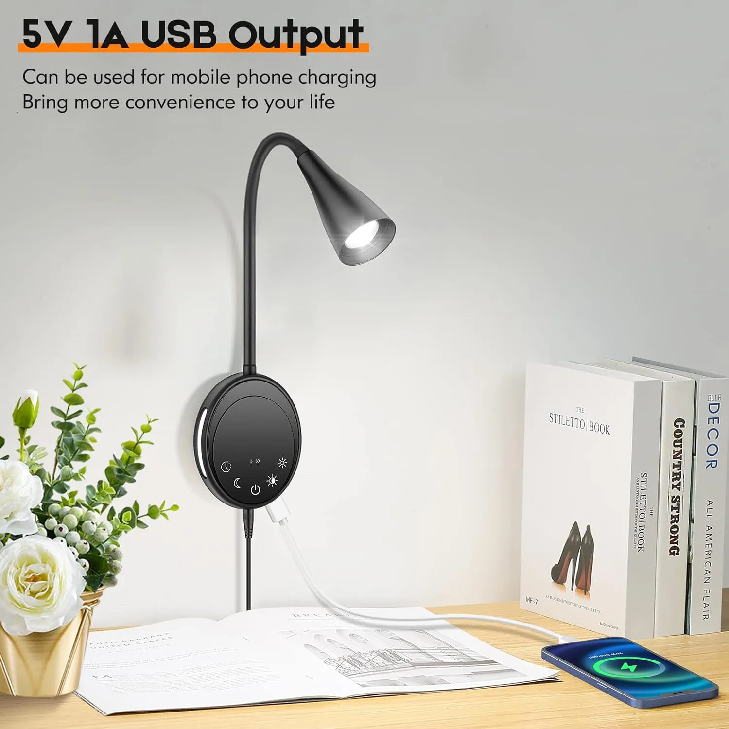Wall Mounted Reading Light, Bedside Headboard Lights with 5 Dimming & Color Temperature, USB Output, Night Light & Timers Function, Flexible Gooseneck 3000K-6000K Upgrade Bed Lamp (Black)