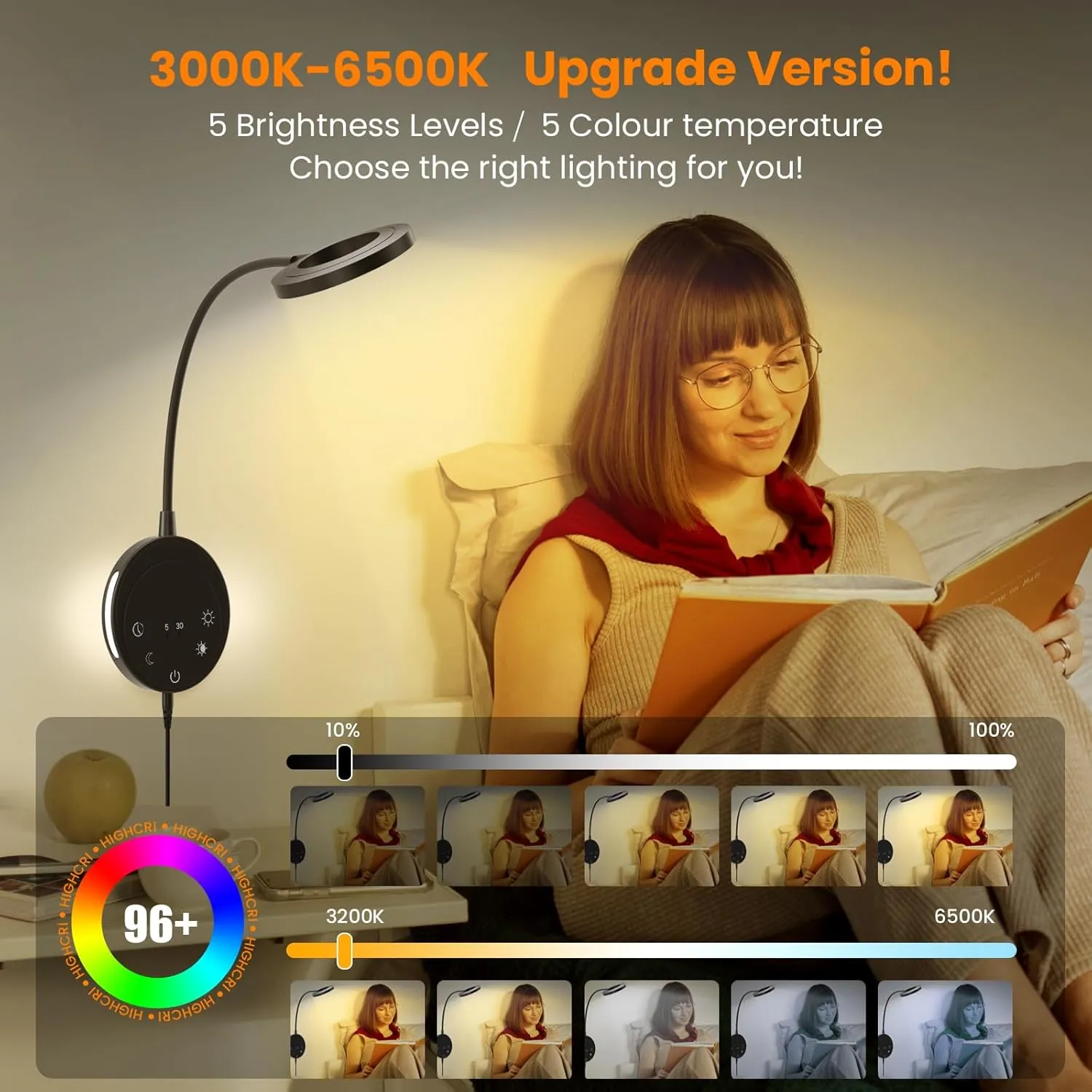 Wall Mounted Reading Light,Bedside Headboard Lights with 5 Color Temperature &5 Dimming,360°Flexible Gooseneck,USB Output, Night Light&Timer Function- Perfect for Reading (Black)