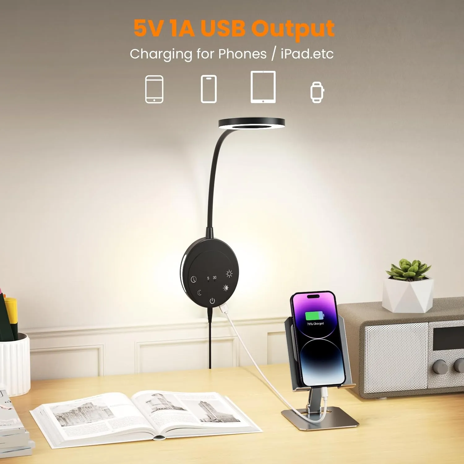 Wall Mounted Reading Light,Bedside Headboard Lights with 5 Color Temperature &5 Dimming,360°Flexible Gooseneck,USB Output, Night Light&Timer Function- Perfect for Reading (Black)