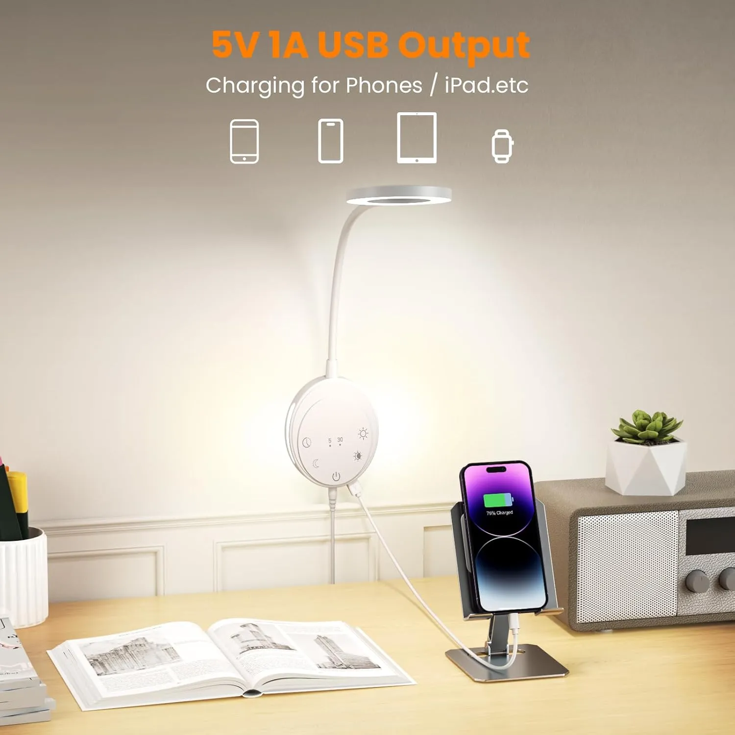 Wall Mounted Reading Light,Headboard Reading Lamp with 5 Color Temperature &5 Dimming,360°Flexible Gooseneck,USB Output, Night Light&Timer Function- Perfect for Reading in Bed (White 2 PCS)