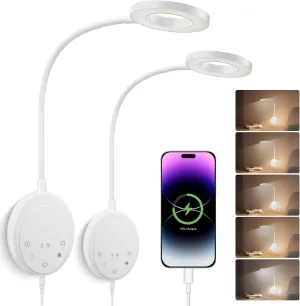 Wall Mounted Reading Light,Headboard Reading Lamp with 5 Color Temperature &5 Dimming,360°Flexible Gooseneck,USB Output, Night Light&Timer Function- Perfect for Reading in Bed (White 2 PCS)