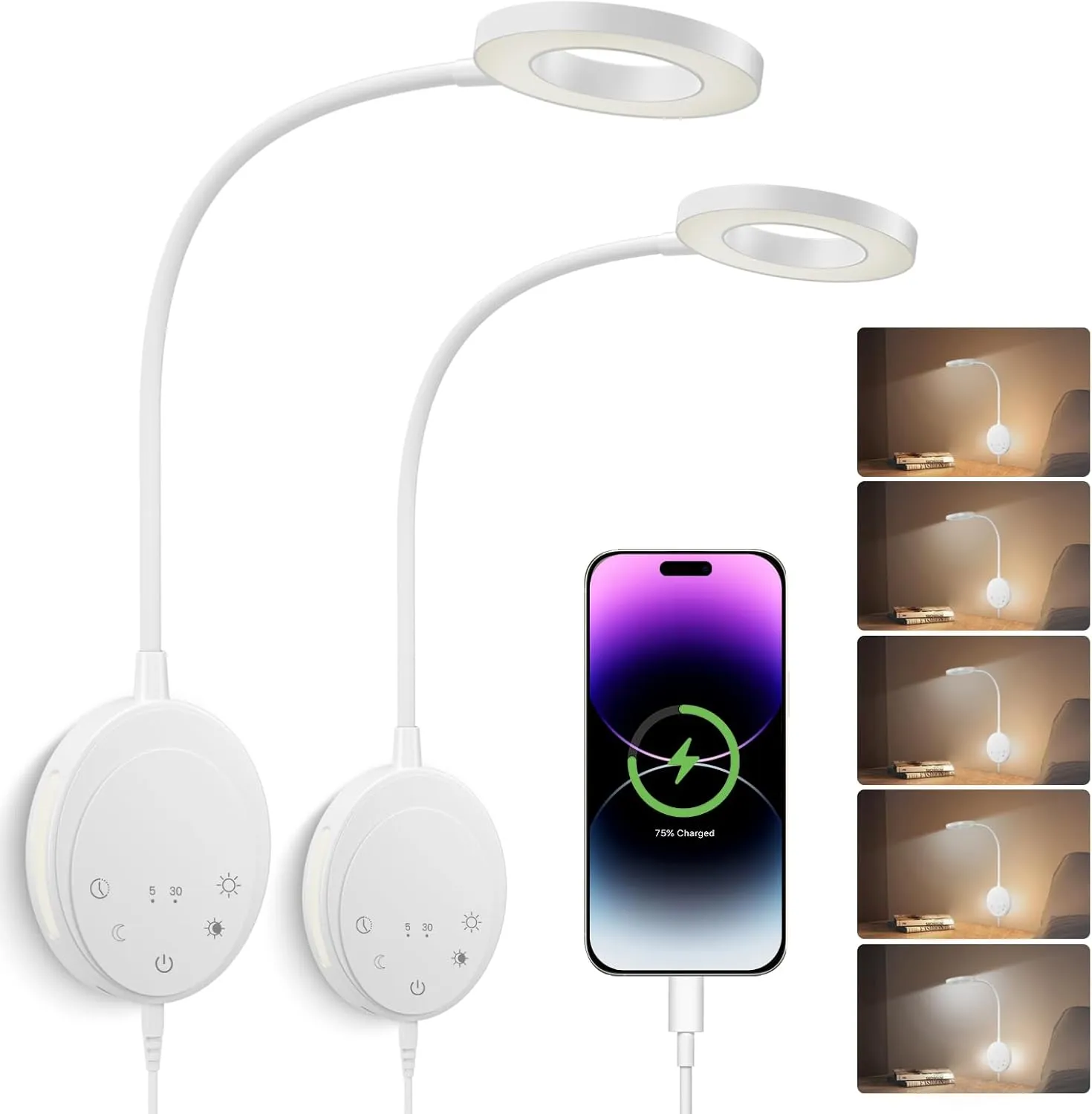 Wall Mounted Reading Light,Headboard Reading Lamp with 5 Color Temperature &5 Dimming,360°Flexible Gooseneck,USB Output, Night Light&Timer Function- Perfect for Reading in Bed (White 2 PCS)