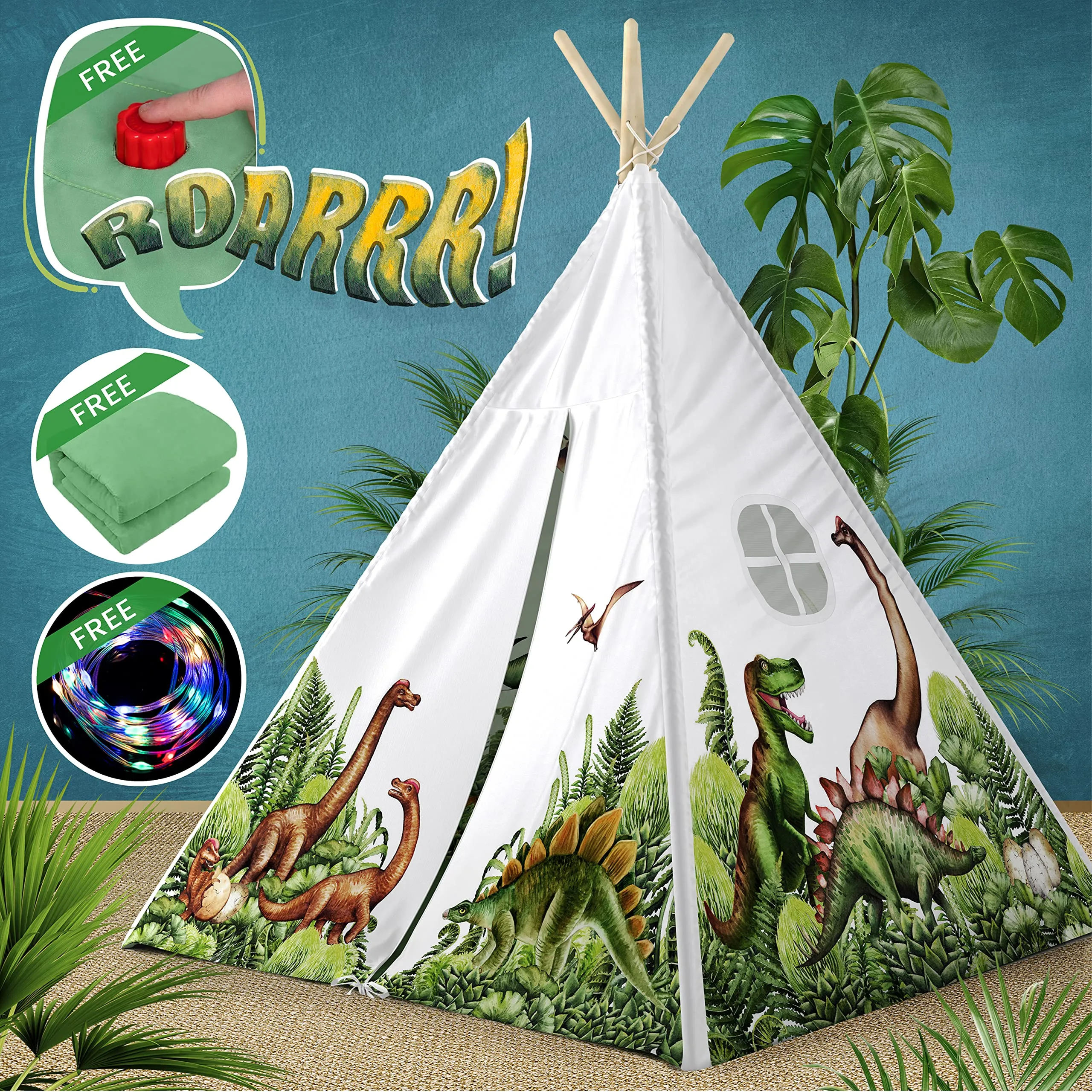 W&O Dinosaur Discovery Teepee with Roar Button, LED Lights & Plush Mat - The Most Stable Teepee - Never Collapses with Rowdy Playtime
