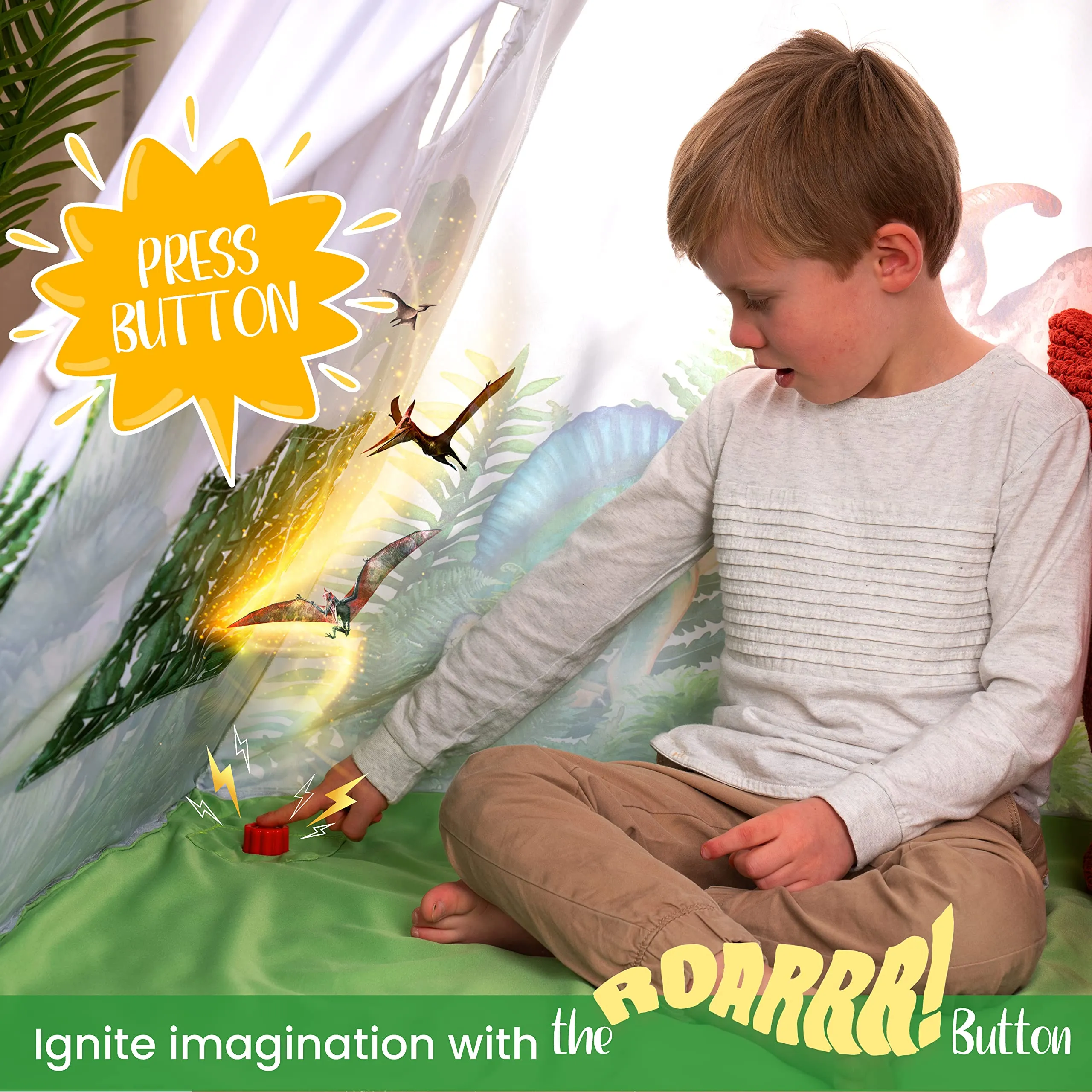 W&O Dinosaur Discovery Teepee with Roar Button, LED Lights & Plush Mat - The Most Stable Teepee - Never Collapses with Rowdy Playtime