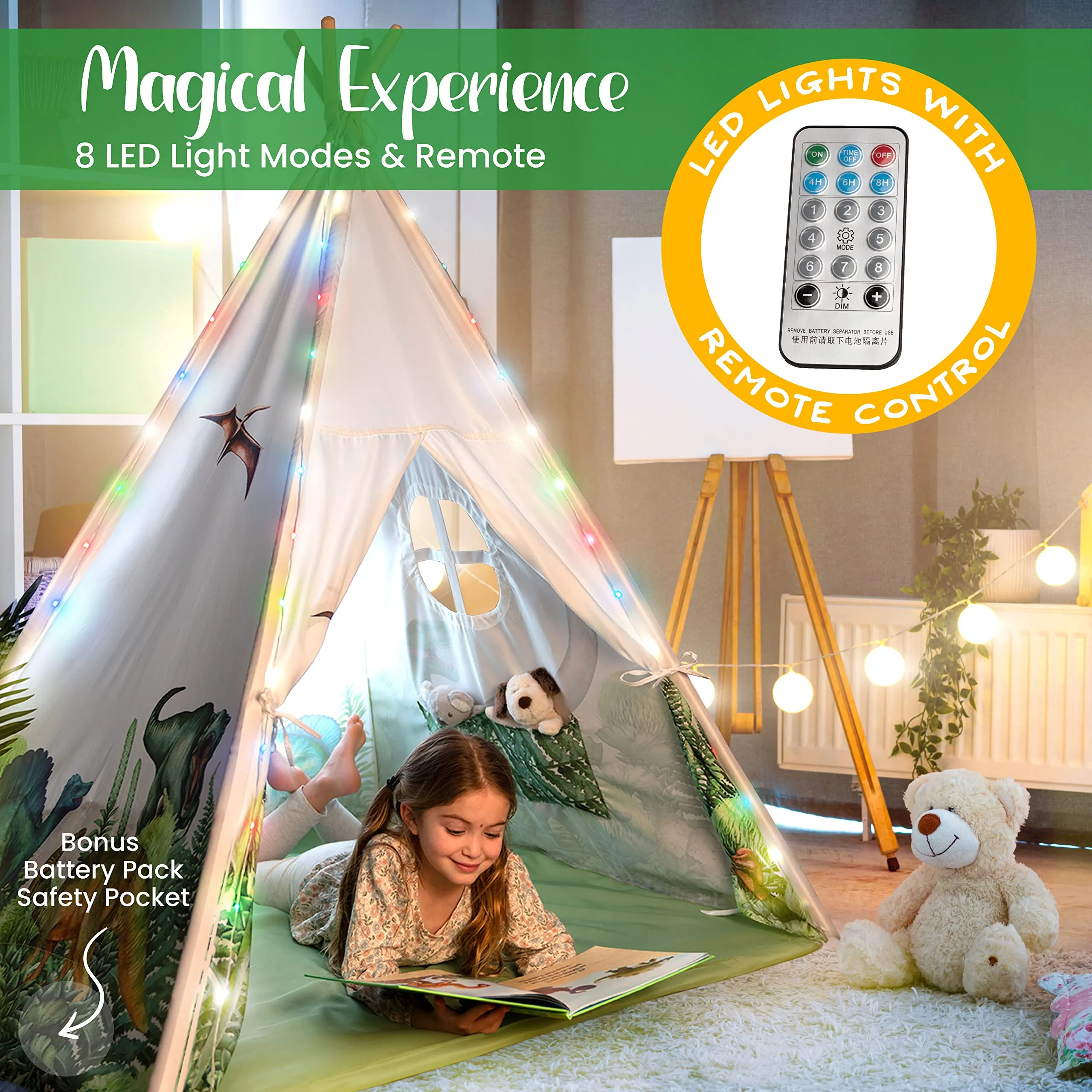 W&O Dinosaur Discovery Teepee with Roar Button, LED Lights & Plush Mat - The Most Stable Teepee - Never Collapses with Rowdy Playtime