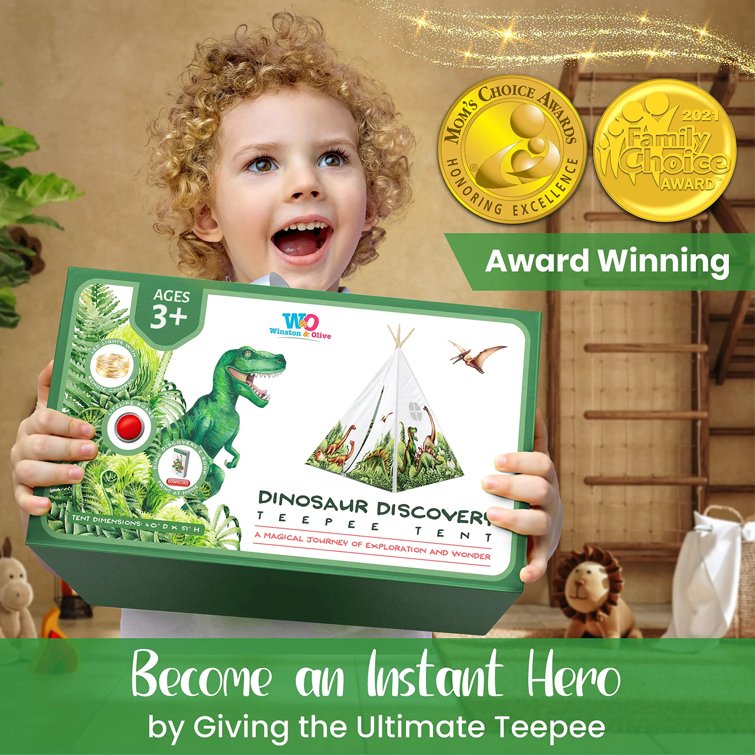 W&O Dinosaur Discovery Teepee with Roar Button, LED Lights & Plush Mat - The Most Stable Teepee - Never Collapses with Rowdy Playtime