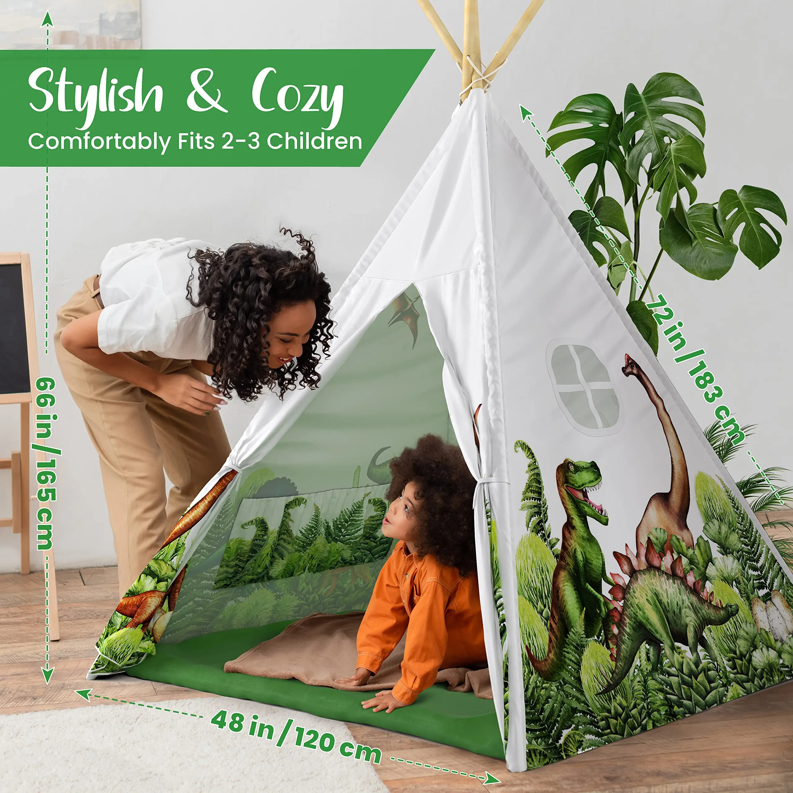 W&O Dinosaur Discovery Teepee with Roar Button, LED Lights & Plush Mat - The Most Stable Teepee - Never Collapses with Rowdy Playtime