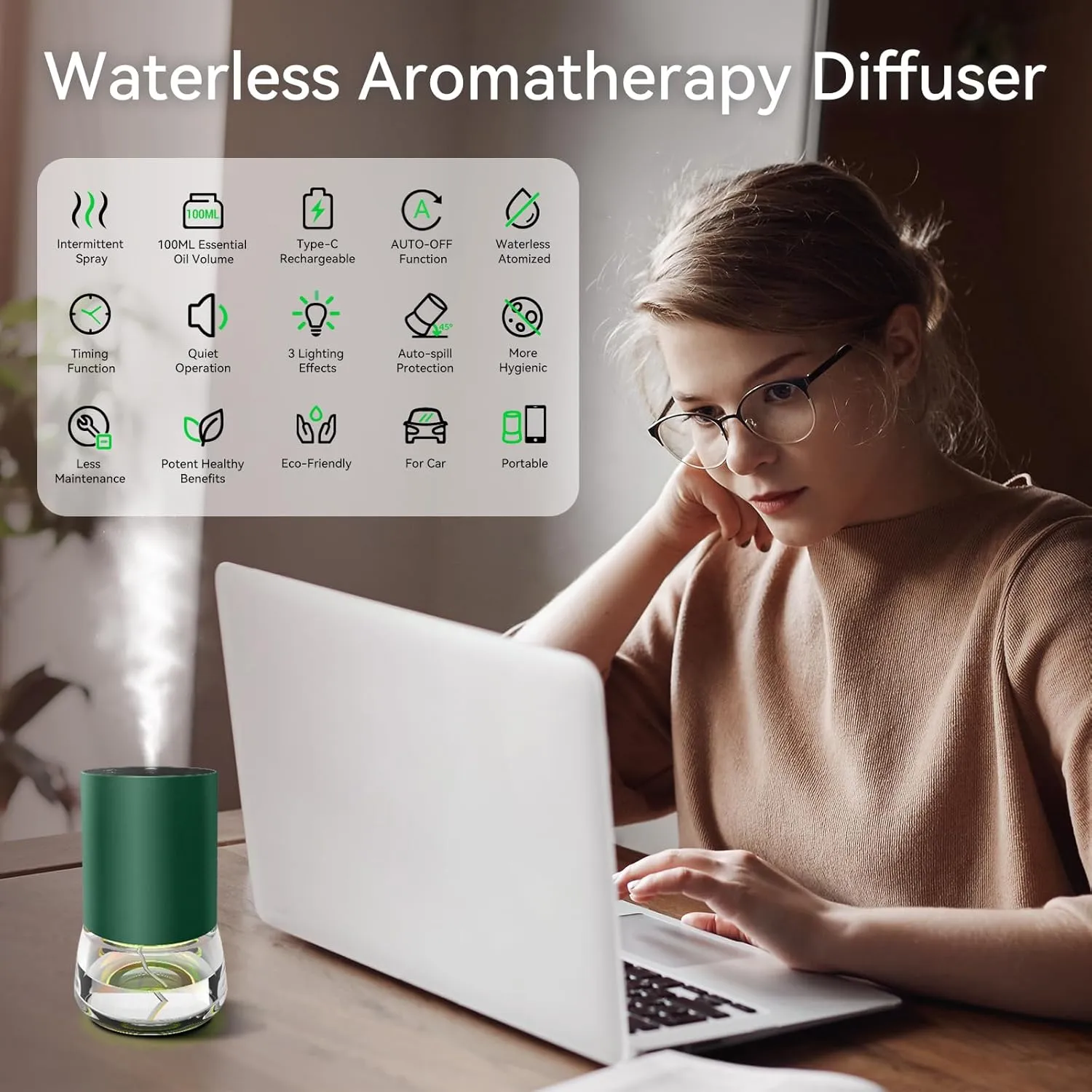 Waterless Essential Oil Diffuser 100ML Large Capacity Battery Operated Cordless Aromatherapy Diffuser with Timing & 3 Mist Levels car Diffuser 7 Colour Led Lights (Green)