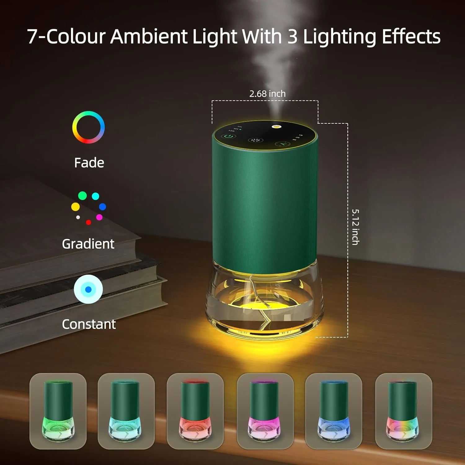 Waterless Essential Oil Diffuser 100ML Large Capacity Battery Operated Cordless Aromatherapy Diffuser with Timing & 3 Mist Levels car Diffuser 7 Colour Led Lights (Green)