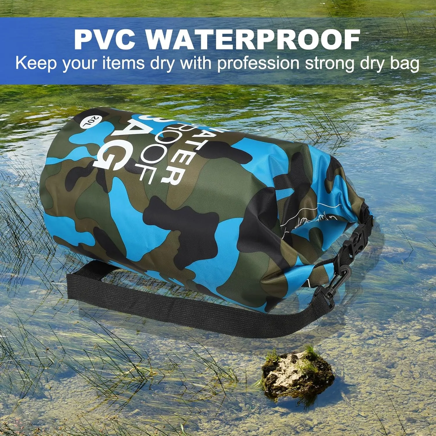 Waterproof Dry Bag, 30L Fit for Women Men Water Proof Bags Lightweight Dry Storage Floating Backpack with Whistle for Travel Boating Kayaking (Sky Blue Camouflage)