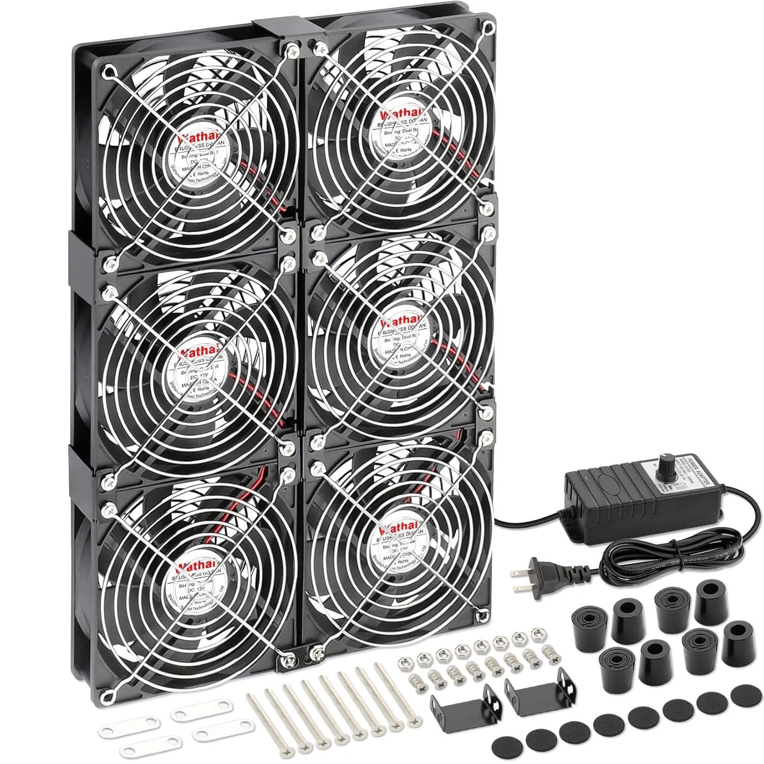 Wathai 120mm x 6 Small Box Computer Fan with AC Plug Dual Ball with Variable Speed Controller for Server Rack, Greenhouse, Basement, Window Exhaust Cooling Ventilation