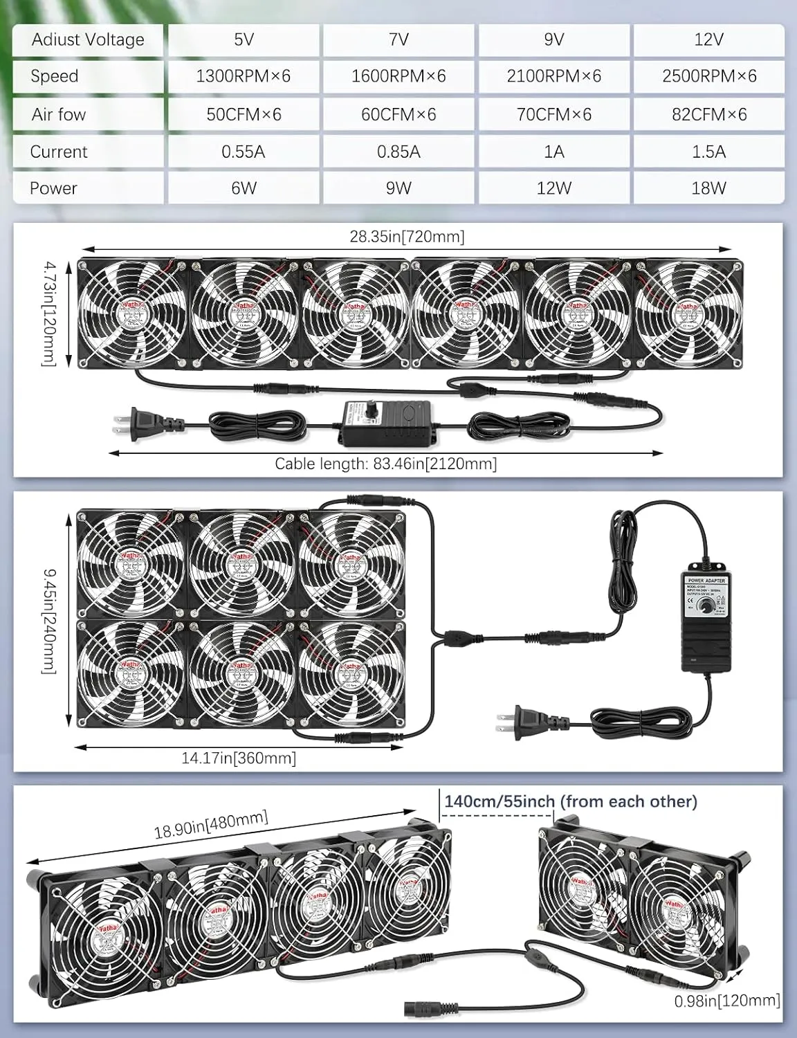 Wathai 120mm x 6 Small Box Computer Fan with AC Plug Dual Ball with Variable Speed Controller for Server Rack, Greenhouse, Basement, Window Exhaust Cooling Ventilation