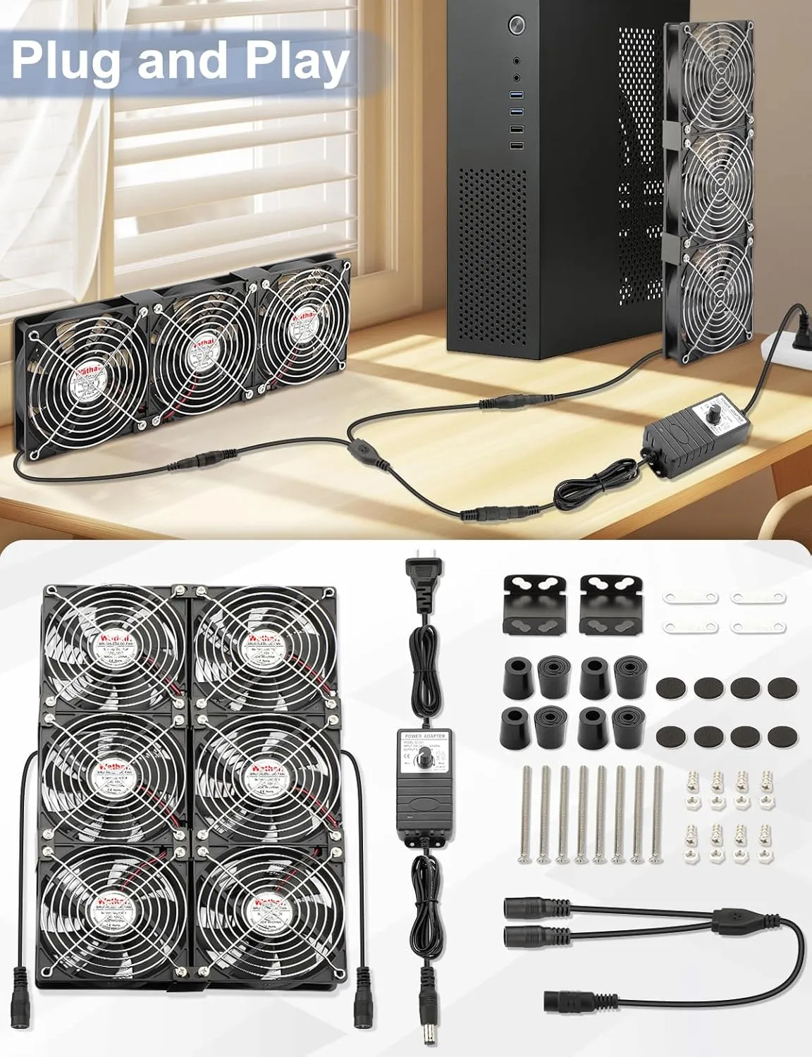 Wathai 120mm x 6 Small Box Computer Fan with AC Plug Dual Ball with Variable Speed Controller for Server Rack, Greenhouse, Basement, Window Exhaust Cooling Ventilation