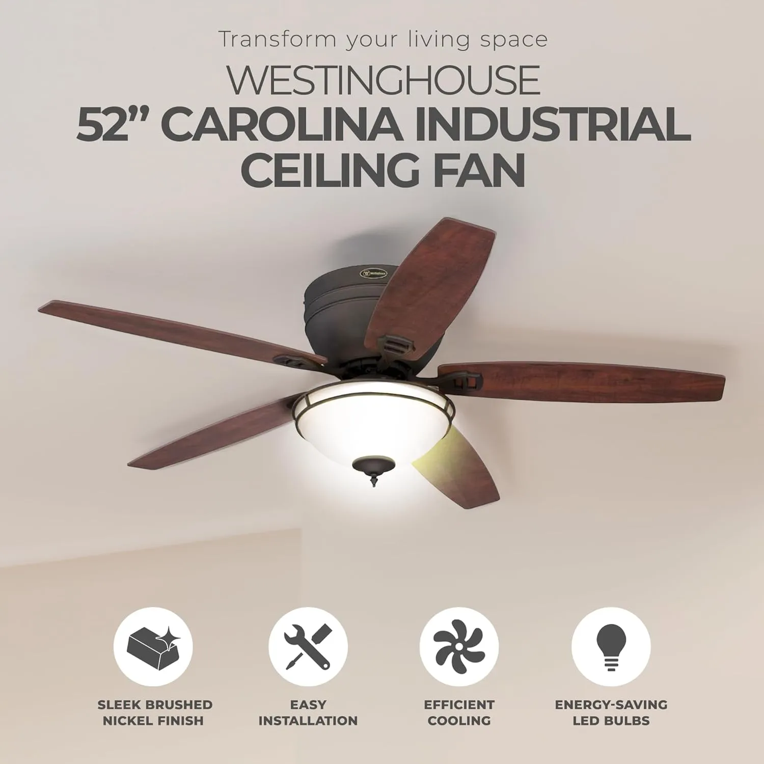 Westinghouse 7209600 Traditional Carolina LED 52 inch Oil Rubbed Bronze Indoor Ceiling Fan, LED Light Kit with Amber Alabaster Bowl