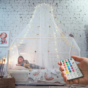 White Princess Bed Canopy with Fairy Lights - Single, Twin, Full, Queen