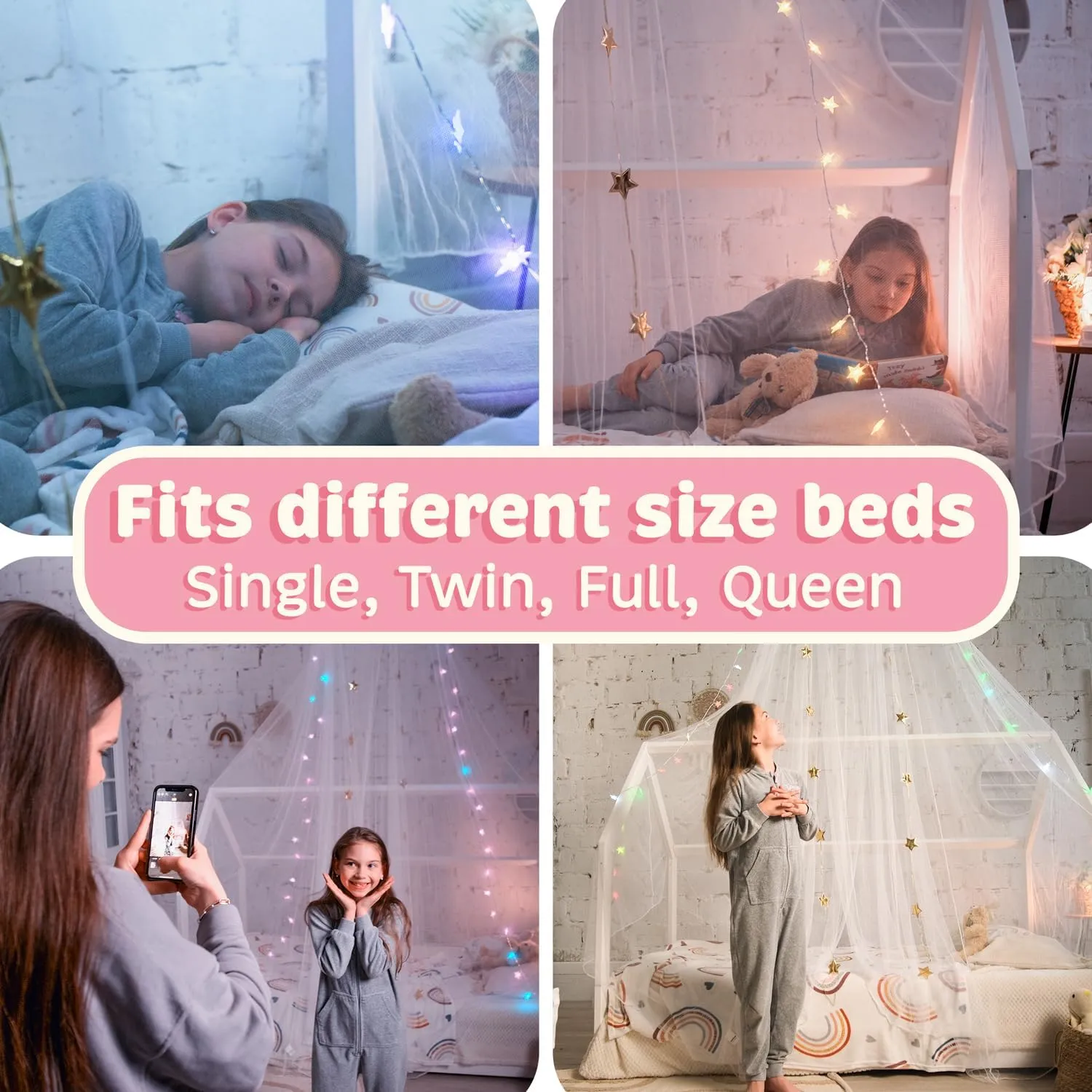 White Princess Bed Canopy with Fairy Lights - Single, Twin, Full, Queen
