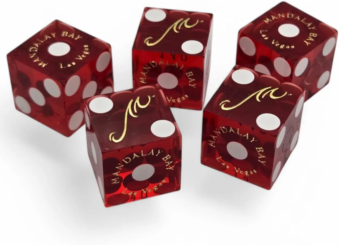 Wide Selection Authentic Las Vegas Casino Dice Craps Stick Sets with Matching Serial Numbers 5-Dice ... Plus Storage Pouch (Mandalay Bay - Red Polished)