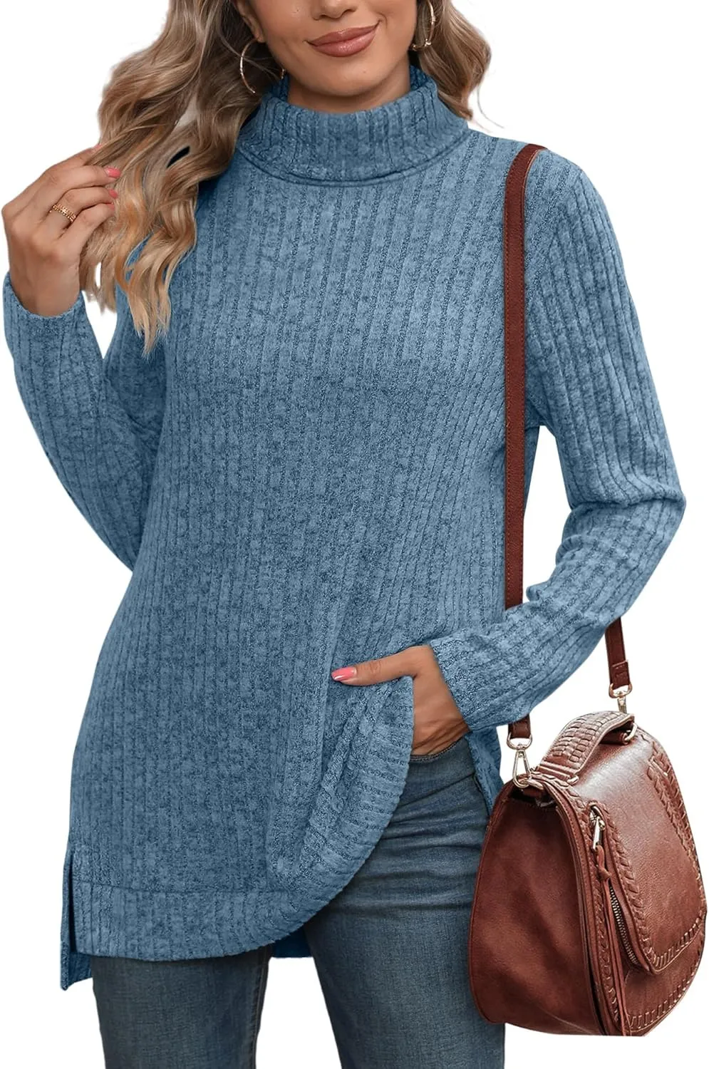 WIHOLL Womens Tunic Tops Turtleneck Long Sleeve Shirts Oversized Fall Sweaters Side Split High Low Hemline