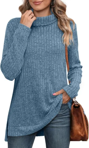 WIHOLL Womens Tunic Tops Turtleneck Long Sleeve Shirts Oversized Fall Sweaters Side Split High Low Hemline