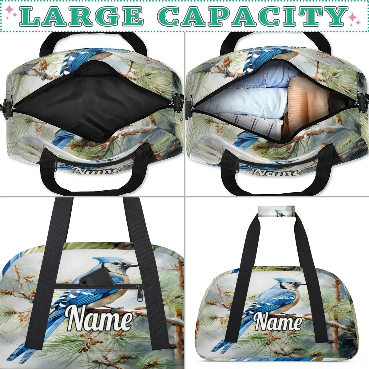 Wild Birds Custom Name Sport Duffel Bag Dance Bag for Girls Teens Personalized Ballet Bag Gift for Birthday Christmas Helloween