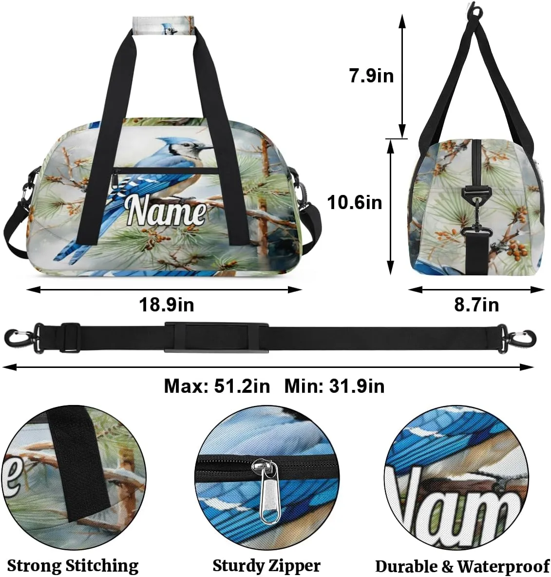 Wild Birds Custom Name Sport Duffel Bag Dance Bag for Girls Teens Personalized Ballet Bag Gift for Birthday Christmas Helloween