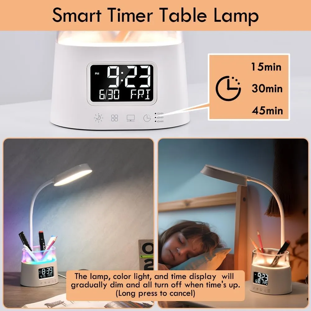 WILIT LED Desk Lamps for Home Office with Pen Holder, Table Lamp for Bedroom with USB Charging Port & Clock, RGB Night Light, Study Lamp for Kids Student, Desk Lamp for College Dorm Room Essentials
