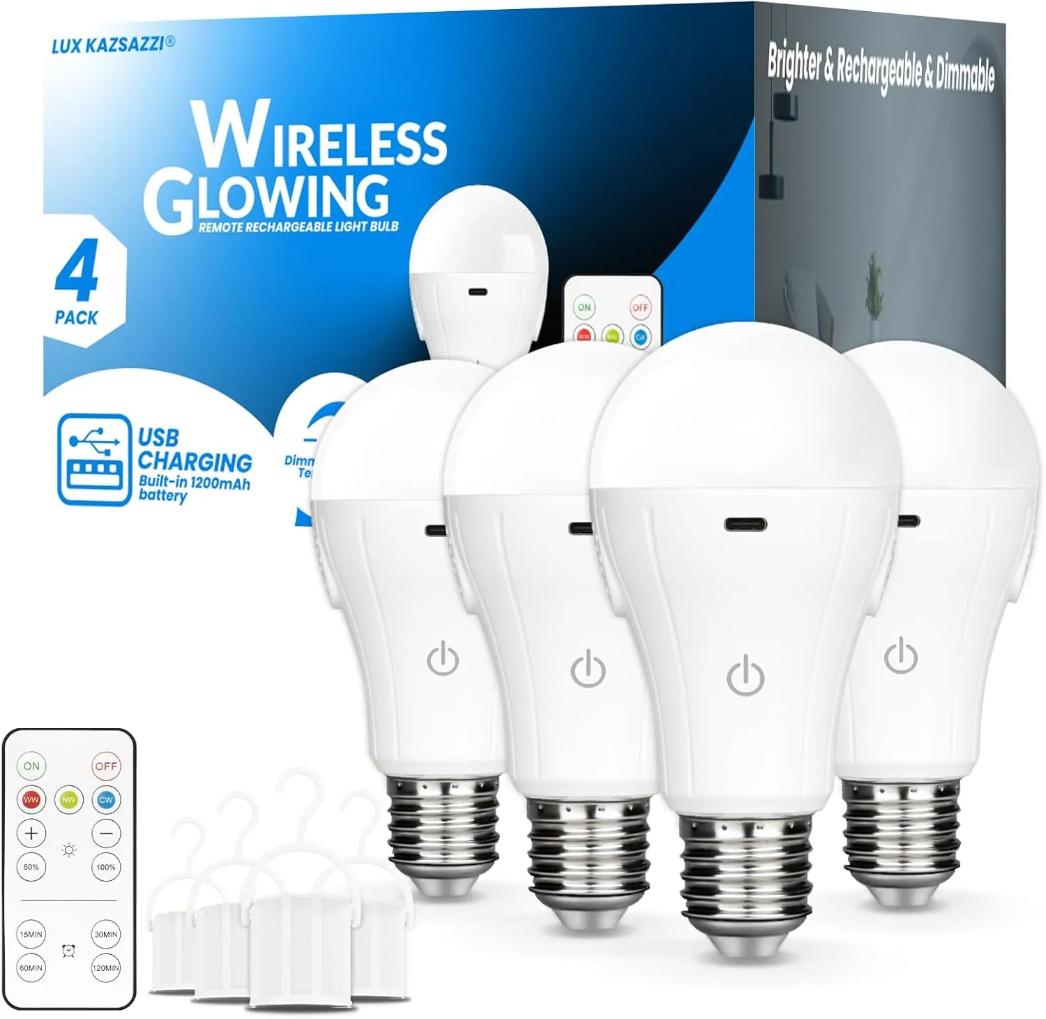 WirelessGlow Rechargeable Light Bulbs with Remote, 3 Color Temperatures and Dimmable Battery Light Bulbs, Touch Control   USB Rechargeable Battery Operated Light Bulb, A19