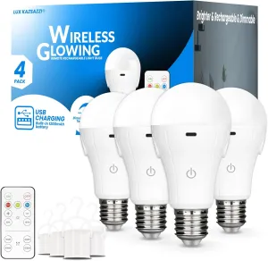 WirelessGlow Rechargeable Light Bulbs with Remote, 3 Color Temperatures and Dimmable Battery Light Bulbs, Touch Control   USB Rechargeable Battery Operated Light Bulb, A19