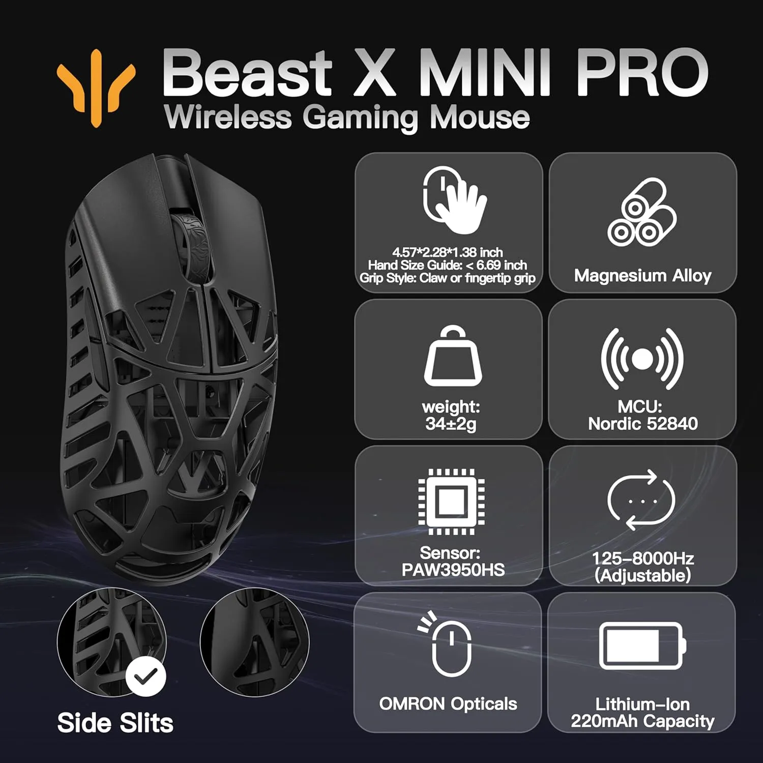 WLMOUSE Beast X Mini Pro Ultra-Light 34g Magnesium Gaming Mouse, PAW3950 HS Sensor, 8K Polling Rate, 30000 DPI,OM & TTC Switches, Customizable Side Panels.(Black(OM Switch-Side Slits))