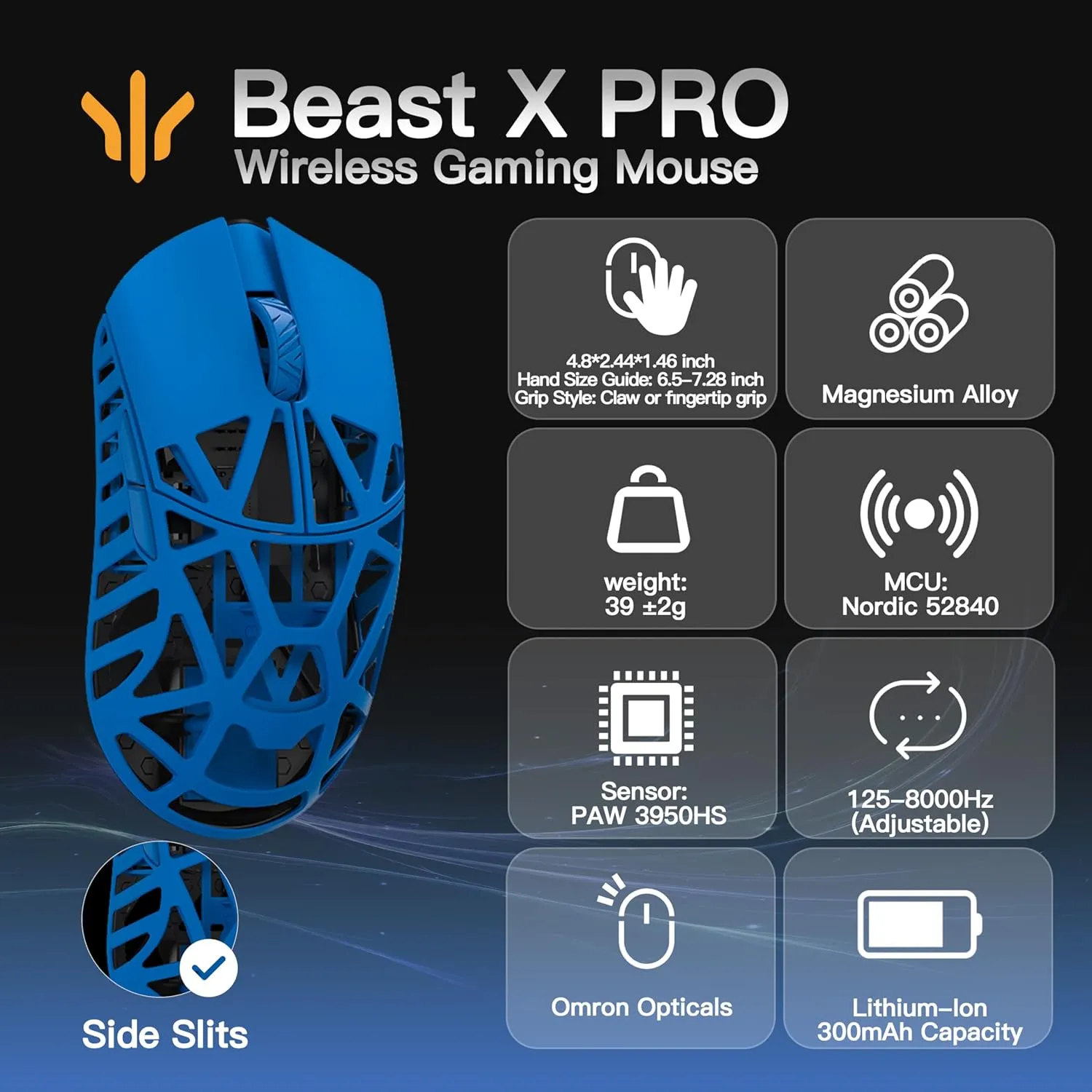 WLMOUSE Beast X Pro Ultra-Light 39g Magnesium Gaming Mouse, PAW3950 HS Sensor, 8K Polling Rate, 30000 DPI,OM & TTC Switches, Customizable Side Panels.(Infinity Blue(OM Switch-Side Slits))