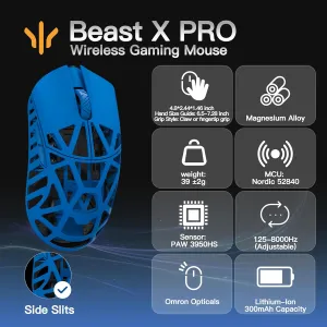WLMOUSE Beast X Pro Ultra-Light 39g Magnesium Gaming Mouse, PAW3950 HS Sensor, 8K Polling Rate, 30000 DPI,OM & TTC Switches, Customizable Side Panels.(Infinity Blue(OM Switch-Side Slits))
