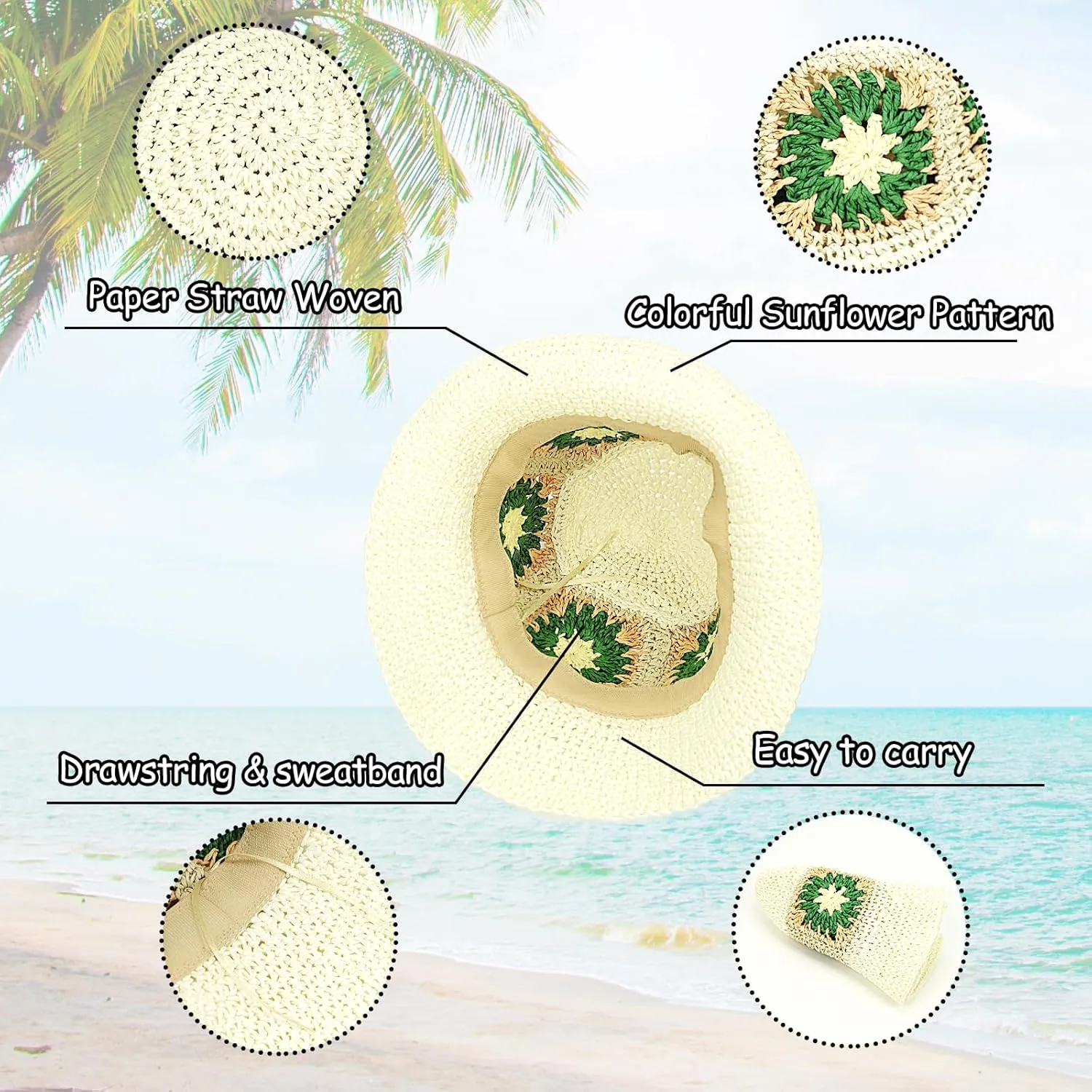 Women Straw Sun Hat Foldable Beach Hat Sunflower Floppy Bucket Hat