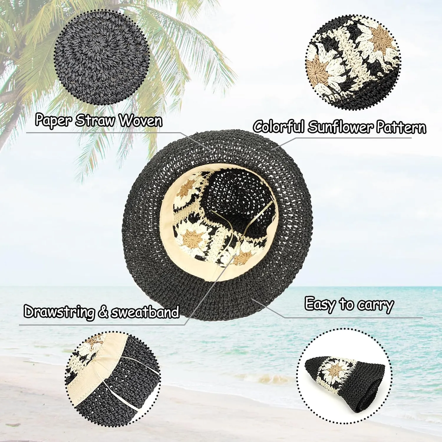 Women Straw Sun Hat Foldable Beach Hat Sunflower Floppy Bucket Hat