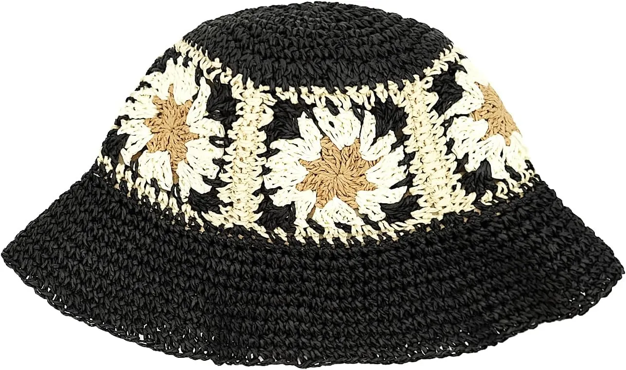 Women Straw Sun Hat Foldable Beach Hat Sunflower Floppy Bucket Hat