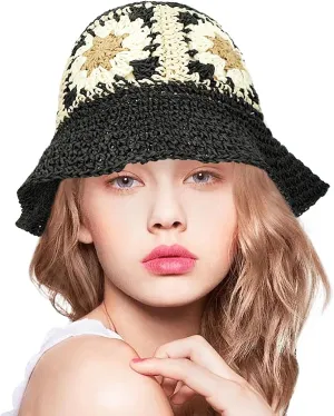 Women Straw Sun Hat Foldable Beach Hat Sunflower Floppy Bucket Hat