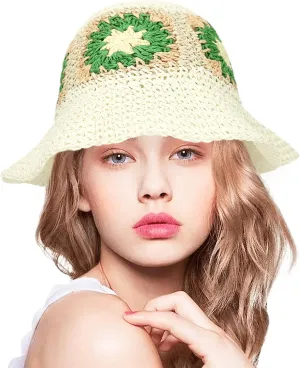 Women Straw Sun Hat Foldable Beach Hat Sunflower Floppy Bucket Hat