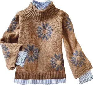 Womens Fall Winter 2025 Trendy Sweater Retro Print Brown Knit Long Sleeve Chunky Mock Neck Cute Flower Pullover Tops