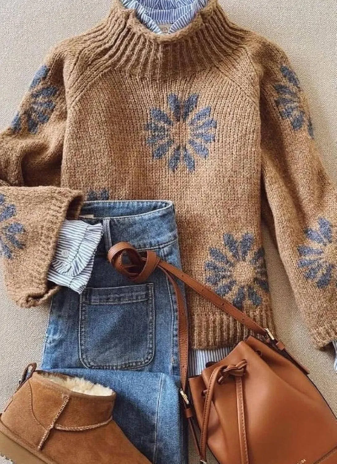 Womens Fall Winter 2025 Trendy Sweater Retro Print Brown Knit Long Sleeve Chunky Mock Neck Cute Flower Pullover Tops